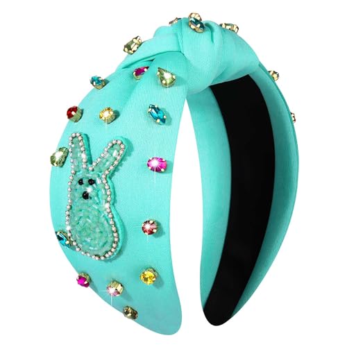 NVENF Easter Headband for Women Beaded Easter Rabbit Bunny Headband White Pink Crystal Pearl Knotted Hairband Happy Easter Hair Accessories Spring Holiday Headwear Outfits Gifts (Bunny A -Blue) - color: Bunny A -Blue