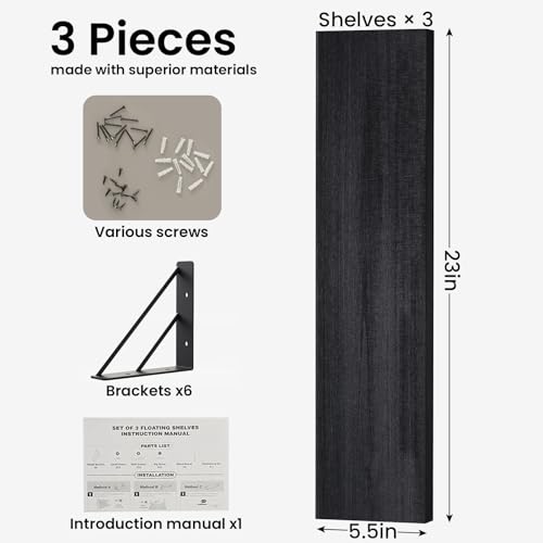 BAYKA Wall Mounted Floating Shelves, Wood Floating Wall Shelf for Books & Decor, Small Space-Saving Display & Organizer（Black，36in，Set of 3） - color: A. Black Board & Black Brackets, size: 36-inch Extended