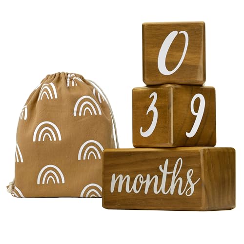 Pondering Pine Baby Milestone Blocks - Natural Pine Wood with Weeks Months Years Grade - Milestones Age Block Set with Boho Rainbow Bag, Newborn Weekly Monthly First Year Picture Props, Earth Friendly - color: Brown, size: 3 Piece