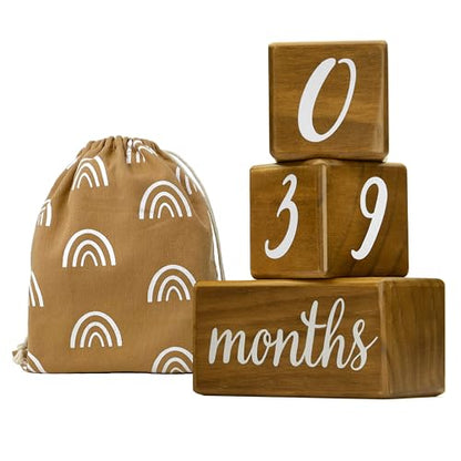 Pondering Pine Baby Milestone Blocks - Natural Pine Wood with Weeks Months Years Grade - Milestones Age Block Set with Boho Rainbow Bag, Newborn Weekly Monthly First Year Picture Props, Earth Friendly - color: Brown, size: 3 Piece