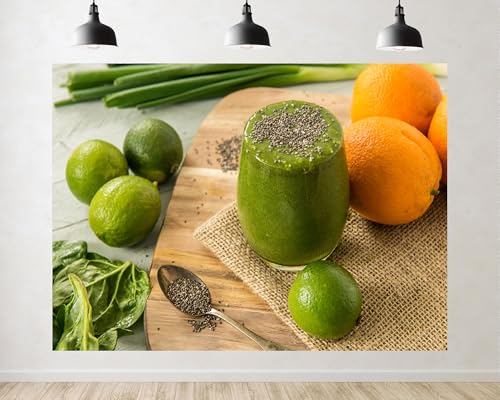 Trykid 5x3ft Green Detox Smoothie Backdrop Chia Seed Lime Orange Spinach Drink Scenery Photography Background Food Wedding Party Decoration Tapestry Photo Booth Prop Fabric - size: 5x3ft