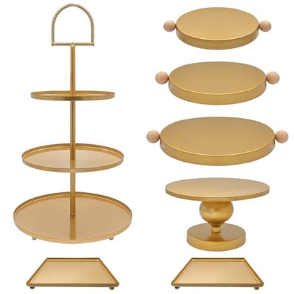 Set of 7 Gold Cake Stands Metal Dessert Display Holder Round 3 Tier Cupcake Stand Serving Tray Platter Cake Pedestal Stand for Party Weddings Birthday Baby Showers Anniversary - color: Gold