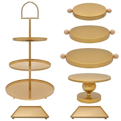 Set of 7 Gold Cake Stands Metal Dessert Display Holder Round 3 Tier Cupcake Stand Serving Tray Platter Cake Pedestal Stand for Party Weddings Birthday Baby Showers Anniversary - color: Gold