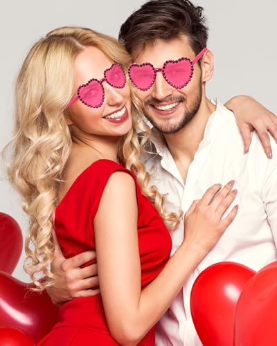 20 Pairs Heart Shaped Sunglasses for Women Colorful Glasses Fun Trendy Transparent Heart Sunglasses Party Favor - color: Rhinestone Rose Red - 20 Pack