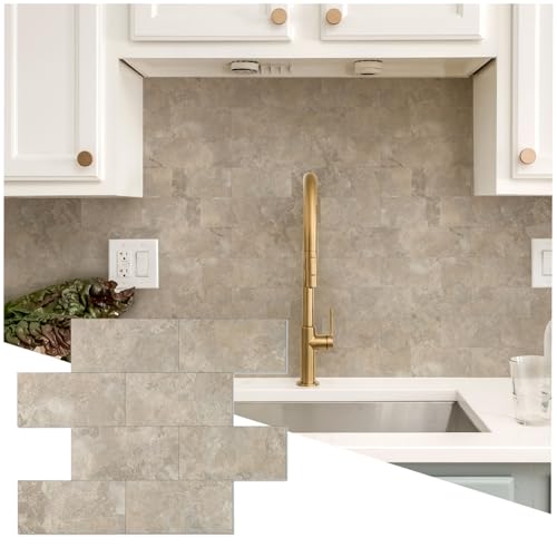 Peel and Stick Subway Tile Backsplash, 10 Sheets 12''x12''Beige Stone-Look 3D Wall Tiles, Thick & Strong Adhesive, Heat Resistant & Waterproof Stick On Tiles for Kitchen, Bathroom - color: Beige Stone Rock