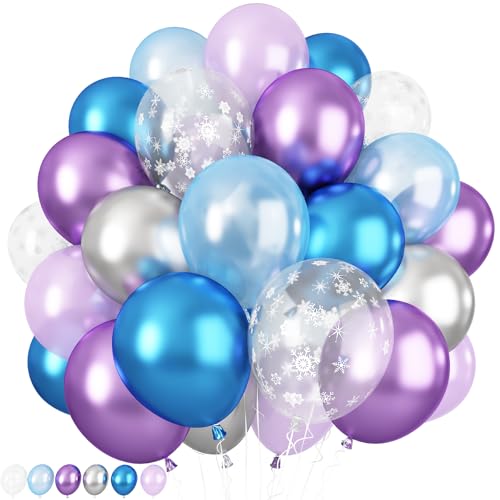 Jobkoo Blue Purple Silver Balloons 12 Inch Snowflake Balloons Metallic Silver Purple Blue Helium Party Balloon for Girls Birthday Ice Snow Winter Wonderland Baby Shower Christmas Party Decorations - color: Purple Blue