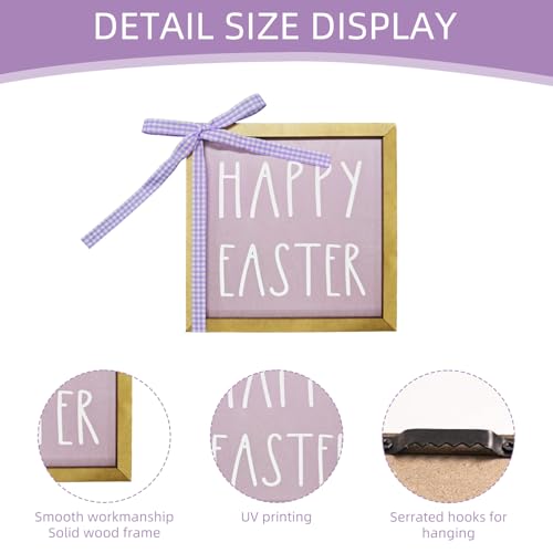 Happy Easter Wood Plaque 6x6 Inch - Purple Square Leaner Sign for Tiered Tray Decor - Lightweight Thin Wooden Prop with Gingham Ribbon Bow for Shelf Styling, Spring Basket Filler (No Stand)