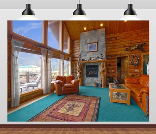 5x3ft Fabric Rustic Log Cabin Interior Backdrop Brown Sofa Wooden Country Cottage Background Farmhouse Living Room Photography Backdrops Portrait Party Photo Props - size: 20x10ft