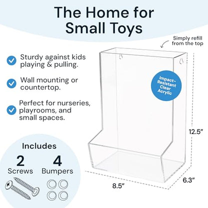 SimplyImagine Single Acrylic Toy Dispenser for Kids - High-Volume Toy Foam Blasters, Car & Building Block Storage Bin - Wall Mount or Countertop Clear Hanging Organizer for Nursery & Playroom - size: Single Divided