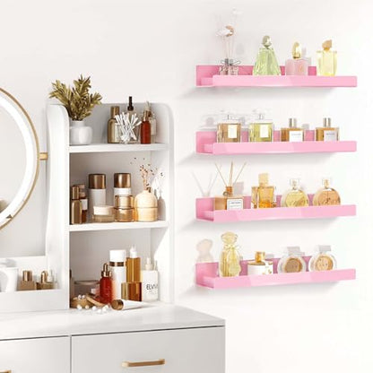 4 Pack 15 Inch Pink Acrylic Shelves, Kids Floating Bookshelf for Kids Room, Modern Nail Polish Rack Sunglasses Essential Oil Picture Ledge Display Toy Storage Wall Shelf - color: 15in-pink