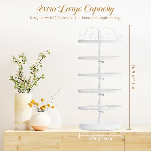 MODOWEY Rotating Earring Holder Organizer Stand, 5 Tier Metal Tree Display for Women Vendors, 220 Holes Adjustable Jewelry rack for Stud Hoop Dangle Storage, Trendy Carousel Keeps Dresser Neat, White - color: White, size: 5 Tier, 220 Holes