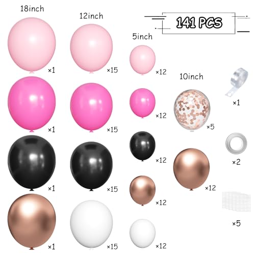 MEBAY Hot Pink Black and Gold Balloon Arch Kit, 141Pcs Rose Red Black Dusty Rose Gold Metallic Pastel Pink White Balloons for Birthday Wedding Bachelorette Gender Reveal Anniversary - color: 141-hot Pink