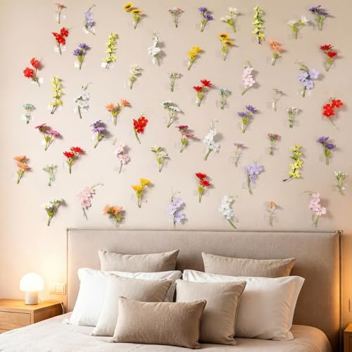 Suncalla 60 Pcs 3.9'' Spring Artificial Wildflower 3D Fake Flowers DIY Wall Decorations Faux Silk Floral Backdrop with 9.8ft Double Sided Tape Heavy Duty No Traces for Wall Arch Summer Home Decor - color: Colorful, style: Classic