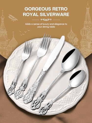 Stapava 40 Pcs Gorgeous Retro Royal Silverware Set, Stainless Steel Cutlery Flatware Set for 8, Include Forks Spoons and Knives set, Dishwasher Safe Utensils Set, Mirror Polished - style: Retro Royal Silver