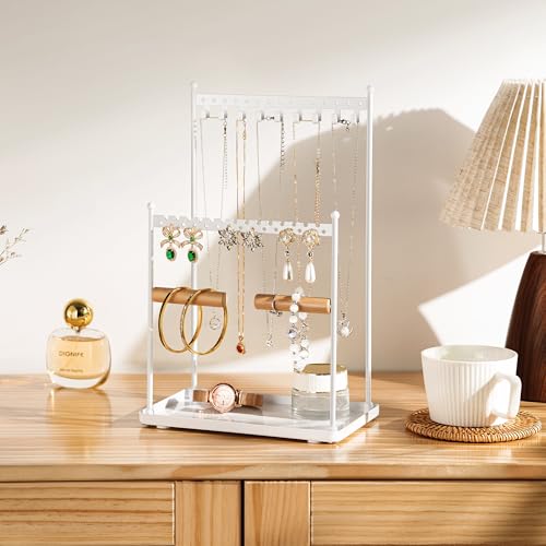 3 Tier white Jewelry Stand, Necklace Organizer, Earring Holder with 44 Holes and 9 Hooks, for Necklaces, Bracelets, Rings - color: White