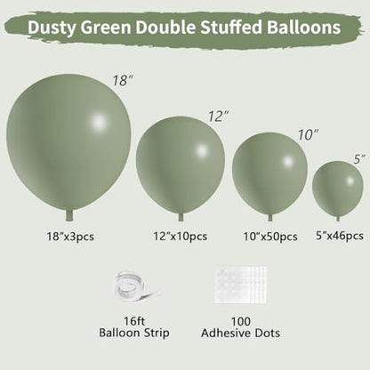 Dusty Green Double Stuffed Balloons Different Size 115Pcs 5/10/12/18" Sage Green Balloons Garland kit for Birthday Baby Shower Wedding Engagement Bridal Shower Party - color: Dusty Green