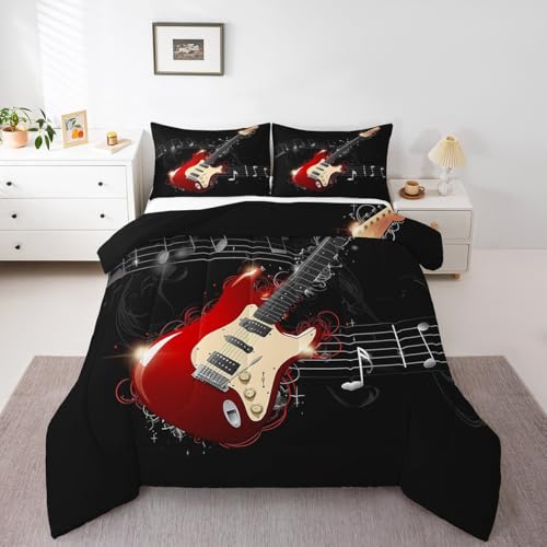 Erosebridal Guitar Comforter Set, Teens Musical Note Duvet Sets Full Size, Music Themed Hip Hop Bedding Set for Kids Boys Youth Adult, Black Lightweight Luxury Down Comforter with 2 Pillow Cases - color: Pattern 24, size: Full