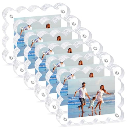 6Pack Magnetic Acrylic Picture Frames 2×3 Inch - Scalloped Glass Frame with 10+10mm Thick Block, Double Sided Clear Frames for Desktop Display | Trendy Home Gift - color: 6 Pack, size: 2×3