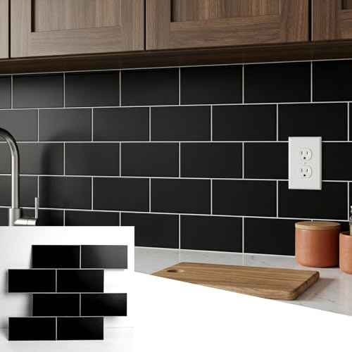10- Sheet Polished Black Peel and Stick Backsplash, 12’’Luxury Ceramic Look Self Stick Subway Tiles, Waterproof Peel and Stick Wall Tiles for Kitchen and Bathrrom - color: Black