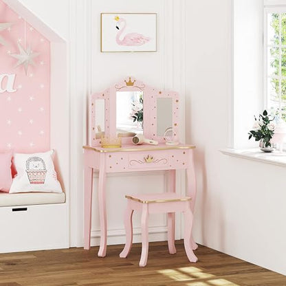 UTEX Kids Vanity Set with Mirror and Stool, Kids Make Up Vanity Desk with Mirrror for Little Girls, Children Makeup Dressing Table with Drawer, Pink - style: Pink-Crown