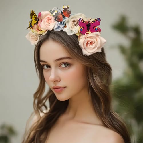 Elegant Butterfly Flower Headband for Women Boho Handmade Rose Floral Crown Wedding Bridal Festivals Cosplay Prom Photo Props Headpiece (A3 blue, Adjustable) - color: A3 blue