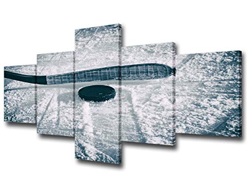 5 Piece Canvas Wall Art Ice and Snow Hockey Sports Poster Hockey Stick and Puck on the Ice Rink Giclee Wall Decorations for Living Room High Definition Printed Wooden Framed Ready to Hang(50''Wx24''H) - color: Artwork-33, size: 50''W x 24''H