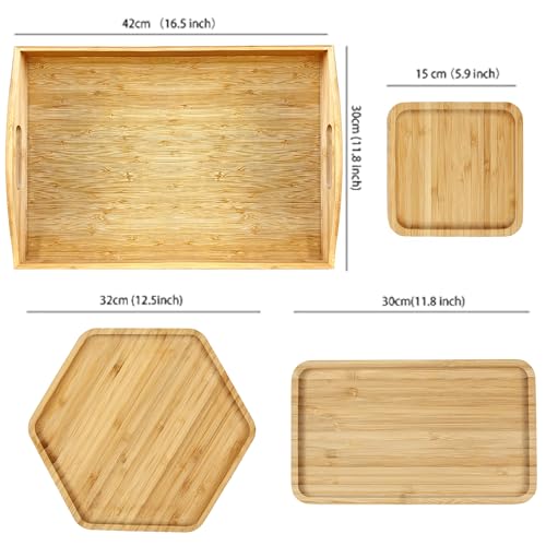 Bamboo Serving Trays 16.5"x11.8"（42x30cm with Handle, Set Includes 1xHexagon 12.5"(32cm)+1xRectangle 9.8"(25cm)*5.9"(15cm)+1xSquare 5.9"(15cm) Dinner Plates Cheese Cutting Board - color: Hexagon+rectangle+square