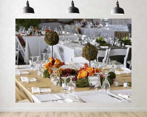 Trykid 9x6ft Wedding Table Centerpieces Backdrop Orange Roses Moss Balls Table Number Thirteen Photography Background Event Styling Tapestry Party Decoration Photo Studio Prop Fabric - size: 9x6ft