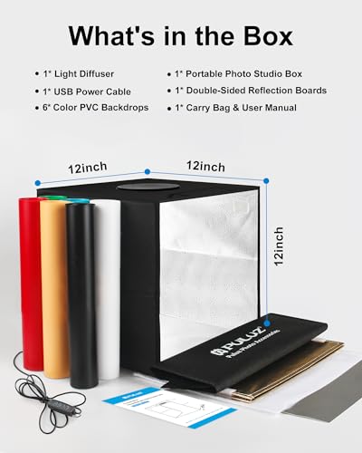 PULUZ Light Box Photography, 12"x12" Professional Dimmable Shooting Tent Kit with CRI >95 White Lighting 120 LEDs Lights + 6 Photo Backdrops for Product Display - size: 12*12 Inch
