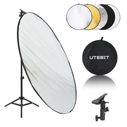 UTEBIT 43"/110cm Photography Reflector with Stand & Clamp, Collapsible Light Reflector with Bag 5 in 1 Multi Disc Translucent/Silver/Gold/White/Black Photography Reflector for Studio&Outdoor Lighting - size: 43 inch