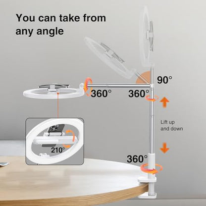 Overhead Phone Mount with Ring Light for Phone,LED Ring Light for Desk with Stand and Remote,Phone Holder Tripod for Video Recording,Photography,TikTok,Live Stream,Cooking Vlogging,YouTube