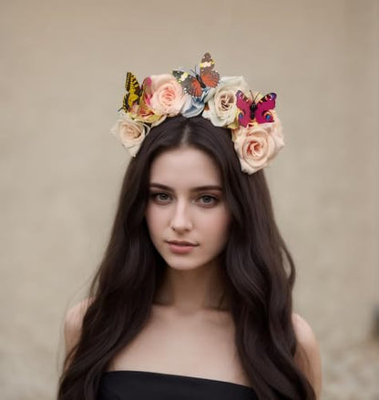 Elegant Butterfly Flower Headband for Women Boho Handmade Rose Floral Crown Wedding Bridal Festivals Cosplay Prom Photo Props Headpiece (A3 blue, Adjustable) - color: A3 blue