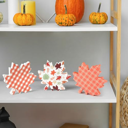 COCHIE Fall Leaves Decorations for Home Indoor, Thanksgiving Table Decor, Harvest Tabletop Decoration, Wooden Maple Leaf Signs Block for Tiered Tray Party Shelf Display Set of 3 - style: Fall Leaves 3