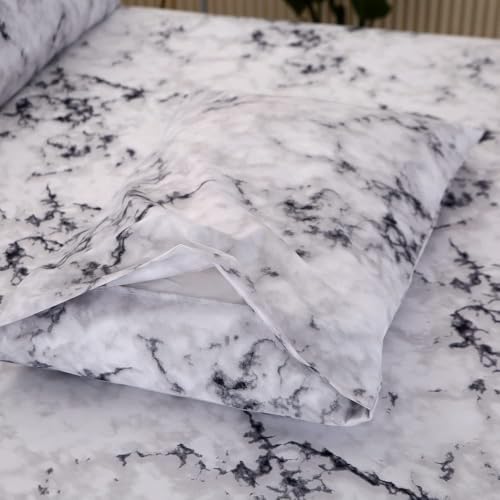 MAG Marble Bed Sheet, 4PC Black White and Gray, Full Size Modern Pattern Printed Bedding Sheet Set with 1 Top Flat & 1 Fitted Sheet with 2 Pillowcases, 14” Deep - color: White-marble, size: Full