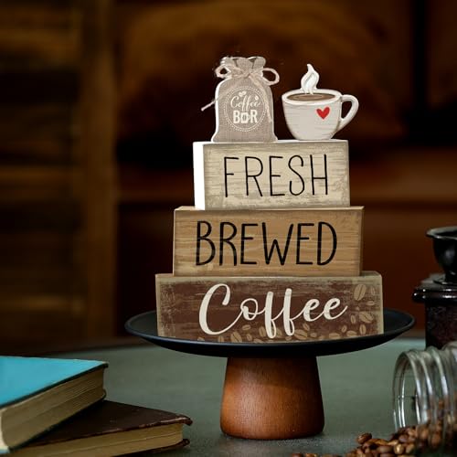 Yuntau 5 Pcs Wooden Coffee Bar Decor Cocoa Tiered Tray Decor Rustic Wood Bar Sign Gift Farmhouse Table Top Centerpiece Stacks Block Sign for Home Shelf Mantel Kitchen - style: Coffee Bar