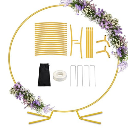 8FT Round Arch Backdrop Stand for Parties, Gold Circle Balloon Arch Frame Stand Heavy Duty Wedding Arches with base for Ceremony Birthday Baby Shower Gender Reveal Party Decoration - size: 8FT