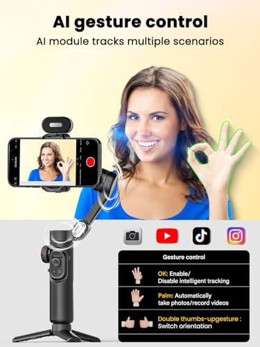 AOCHUAN XE AI Version,Gimbal Stabilizer for Smartphone,NO APP AI Tracking, Gesture Control,360°Inception Gimbal with TikTok YouTube,3-Axis Foldable Handheld Tripod for iPhone& Android,Black - style: Smart XE AI