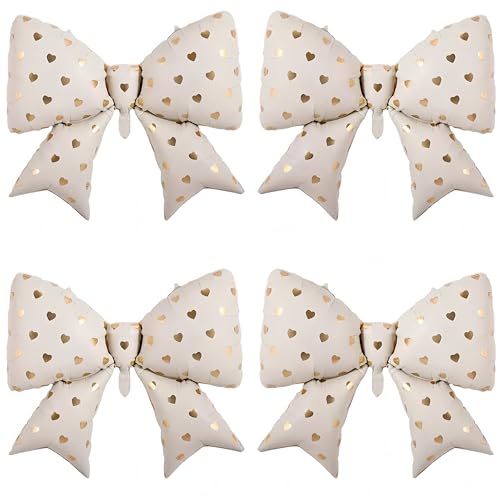 4Pcs White Bow Balloons with Heart Print/Elegant Bridal Shower Wedding Engagement coquette Birthday Decor for Girls Women, Bride to Be Party, Proposal, Bow Aesthetic Photo Booth Props - color: White Heart