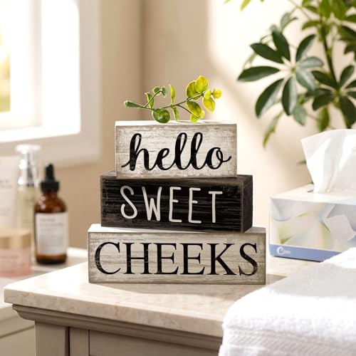 Moucuny 4 Pcs Bathroom Shelf Decor Hello Sweet Cheeks Sign Farmhouse Bathroom Decor and Accessories Rustic Eucalyptus Leaves Wood Block Sign Gift Sweet Home Table Centerpiece for Home Office - style: Eucalyptus Leaves