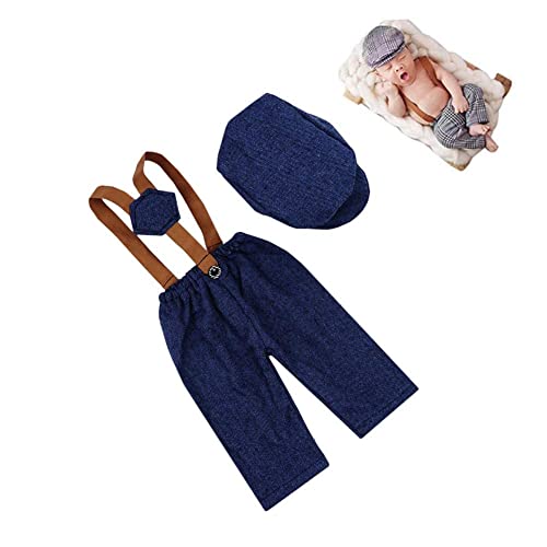 Newborn Monthly Baby Photo Props Stripe Checked Flat Cap Newsboy Suspender Pants Romper for Photography Outfits - color: Blue