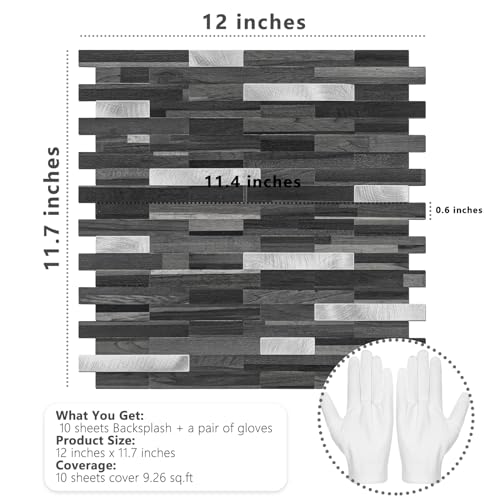 STICKGOO Peel and Stick Backsplash Tile, Stick on Backsplash for Kitchen and Bathroom, Black Grey Wood Look PVC Mixed Metal Silver Self Adhesive Wall Tiles(10 Sheets) - color: Black Grey with Metal Silver