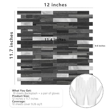 STICKGOO Peel and Stick Backsplash Tile, Stick on Backsplash for Kitchen and Bathroom, Black Grey Wood Look PVC Mixed Metal Silver Self Adhesive Wall Tiles(10 Sheets) - color: Black Grey with Metal Silver