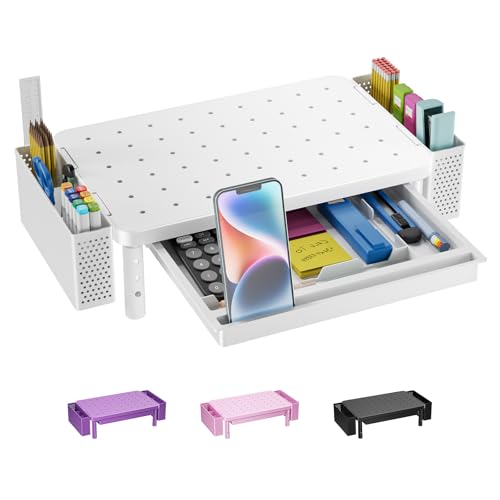 WALI Computer Monitor Stand with Storage, Desk Organizer with Drawer and Pen Holder, Desk Monitor Riser 3 Height Adjustable, Laptop Riser for Computer, Laptop, Printer(PTT003-W), 1 Pack, White - color: White, size: 14.6" * 9.3" with Drawer and Pen Holder