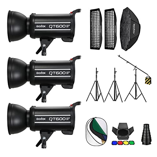 Godox 3 Pack QT600IIM 1800Ws 2.4G TTL Speedlite Studio Flash Strobe Light Bowens Mount Kit,GN76 1/8000s HHS,Recycle in 0.05-0.9 Sec for Studio Shooting, Location and Portrait Photography
