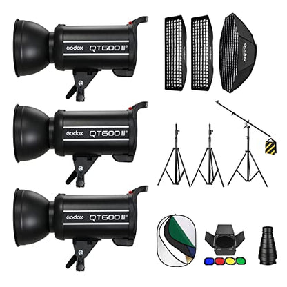 Godox 3 Pack QT600IIM 1800Ws 2.4G TTL Speedlite Studio Flash Strobe Light Bowens Mount Kit,GN76 1/8000s HHS,Recycle in 0.05-0.9 Sec for Studio Shooting, Location and Portrait Photography