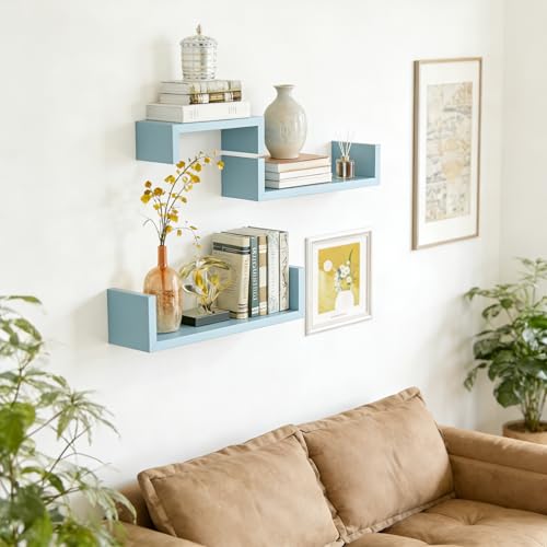 SRIWATANA Floating U Shelves Wall Mounted, Solid Wood Wall Shelves Set of 3 (Blue) - color: Blue