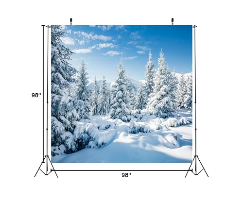 BELECO 8x8ft Fabric Winter Snow Backdrop White Xmas Trees Wintry Scene Alps Mountains Ice and Snow World Background Christmas New Year Party Decorations Banner Holiday Photo Background Photo Props - size: 8x8FT