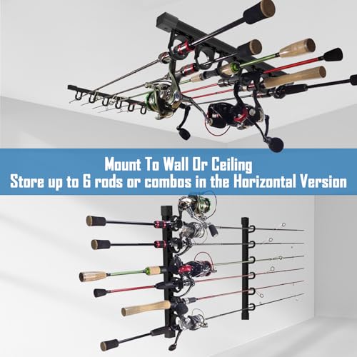 Aventik Fishing Rod Holder for Garage, Ceiling, Wall Mounted Fishing Rod Rack 6 Fishing Pole Storage Vertical/Horizontal Garage Slide Fishing Pole Rack(2 Pack) - style: 2 pack Black