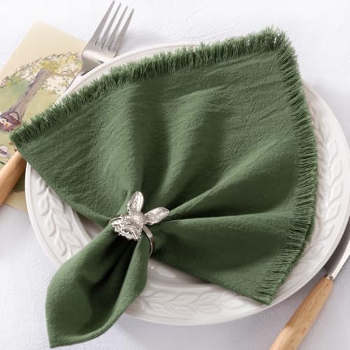 DeZerlor 6 Pack Olive Green Cotton Linen Napkins with Fringe Green Cloth Napkins Set of 6 Boho Handmade Dinner Table Napkins for Wedding Bridal Baby Shower Tea Party, 17 x 17 Inches - color: Olive Green, size: 17" x 17" (Set of 6)