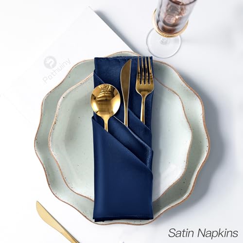 P Pothuiny 12 Pcs Silky Navy Blue Satin Napkins 17 x 17 Inches, Square Smooth Wedding Dinner Napkins Satin Cloth Napkins Table Napkins for Banquet Party Restaurant Decor, Thanksgiving, Christmas - color: Navy Blue